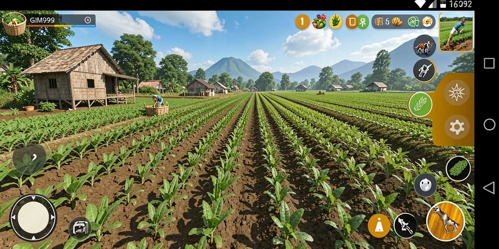 Tampilan gameplay GIM999 dengan pertanian yang berwarna-warni dan menyenangkan.