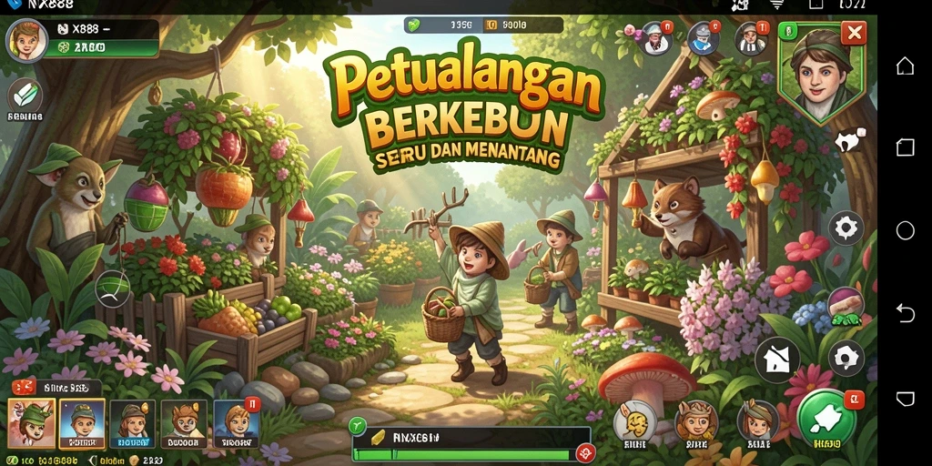 Screenshot gameplay NX888 menunjukkan kebun yang indah dan produktif.