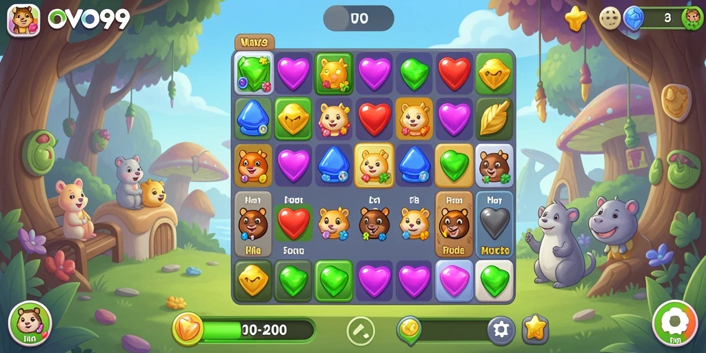 Screenshot OVO99 menunjukkan gameplay seru dalam mencocokkan item Match-3.