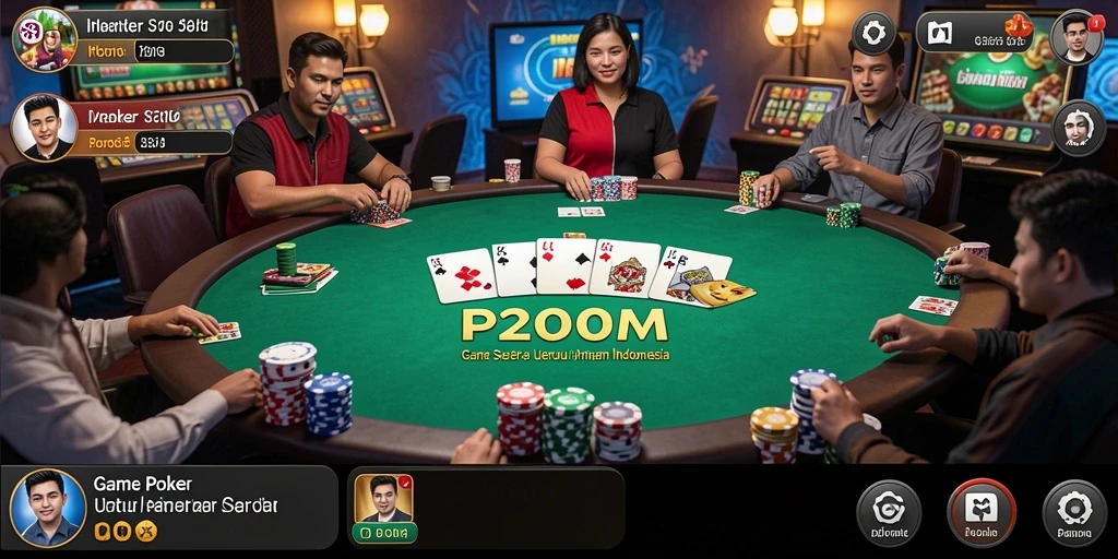 Screenshot gameplay P200M yang menunjukkan suasana meja poker yang seru.