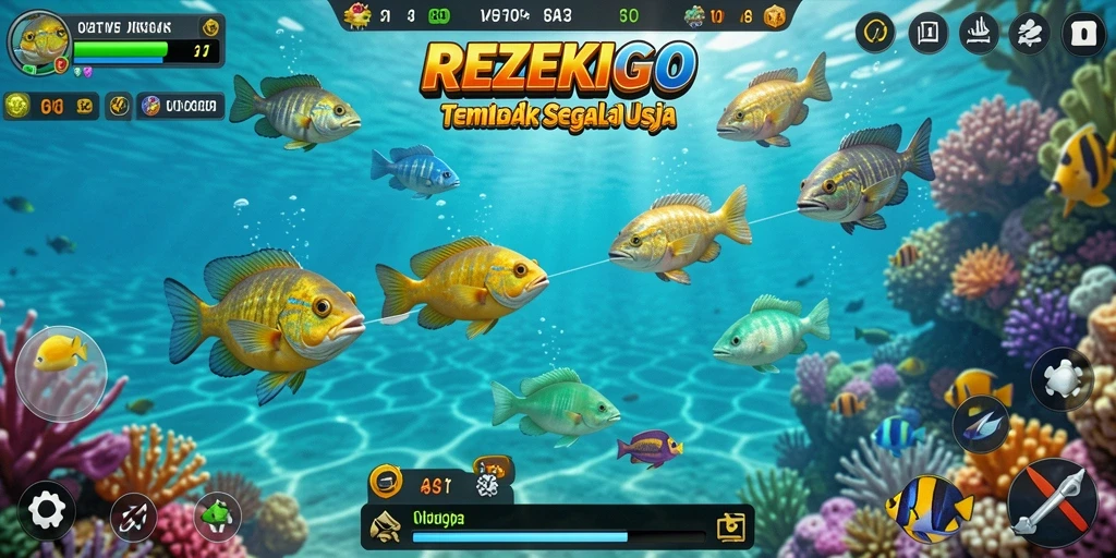 Screenshot gameplay REZEKIGO menampilkan aksi menangkap ikan yang mendebarkan.